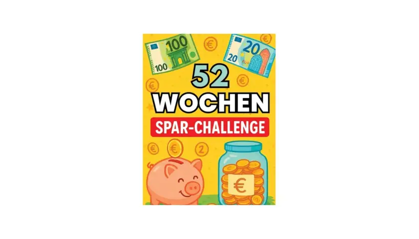 Sparschwein, Münzen und Geldscheine auf gelbem Hintergrund. Die Aufschrift "52 Wochen Spar-Challenge" lädt zum Sparen ein.
