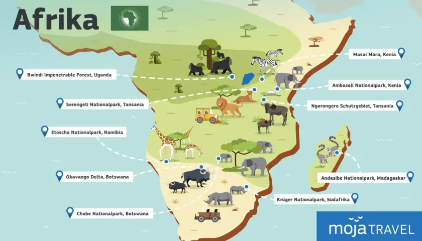 Karte von Afrika mit Tierabbildungen und Nationalparks für eine Safari. Gorillas, Löwen, Elefanten, Zebras und Giraffen sind zu sehen.