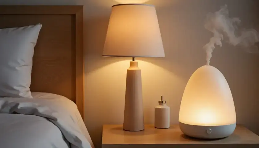 Un difusor emite vapor, ayudando a como deshumidificar una habitación. Junto a una lámpara y un frasco en una mesita de noche.