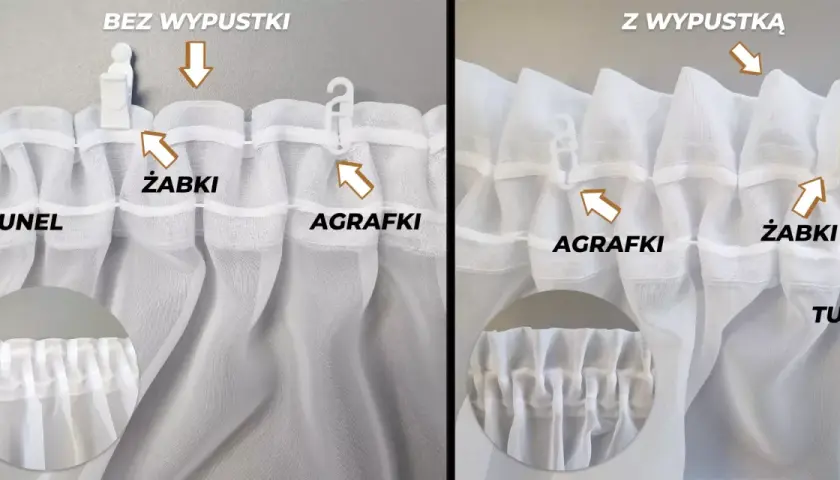 Porównanie tunelu i żabek do wieszania firanek. Agrafki pokazują, jak łatwo można je zamontować.