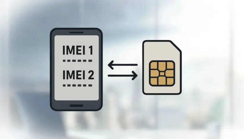 Grafika przedstawia telefon z dwoma numerami IMEI i kartę SIM, symbolizującą zarządzanie numerami lub potencjalną blokadę imei.