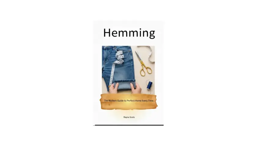 Hands folding jeans for hemming, with scissors, measuring tape, and thread. A guide to using a hemming sewing machine.