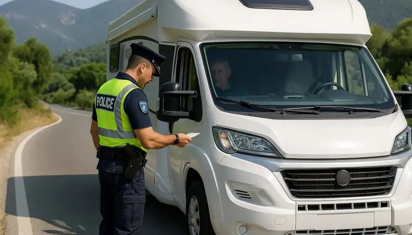 Policjant kontroluje kampera na drodze. Planujesz podróż? Sprawdź, co zobaczyć na Chalkidiki!