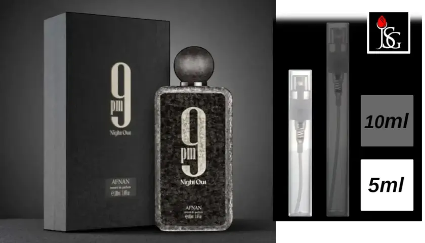 Flakon perfum Afnan 9PM Night Out obok czarnego pudełka i próbek 10ml i 5ml.