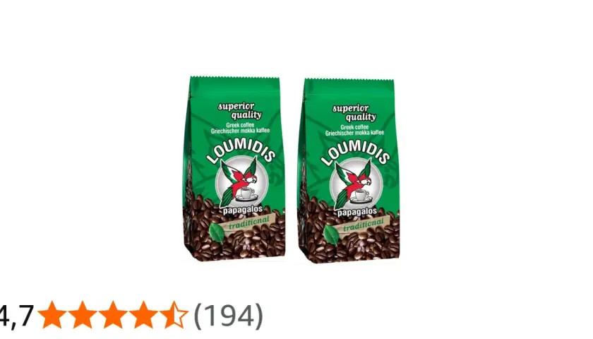 Zwei Packungen Loumidis Kaffee mit Papageien-Logo und Kaffeebohnen. "Superior quality" und "traditional" sind auf den Packungen zu sehen.