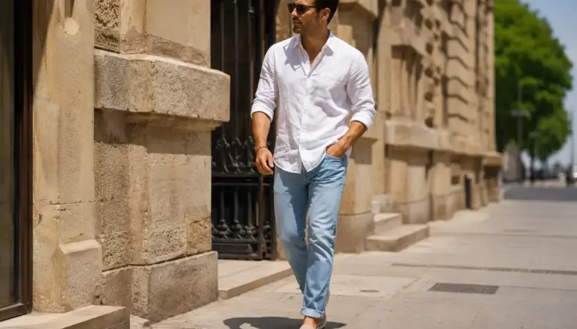 Mężczyzna w białej lnianej koszuli i jasnych jeansach, tworzący stylowy "canadian tuxedo", spaceruje ulicą.