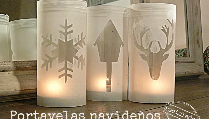 Portavelas manualidades para niños con diseños de copo de nieve, casita y ciervo. ¡Perfectos para decorar en Navidad!