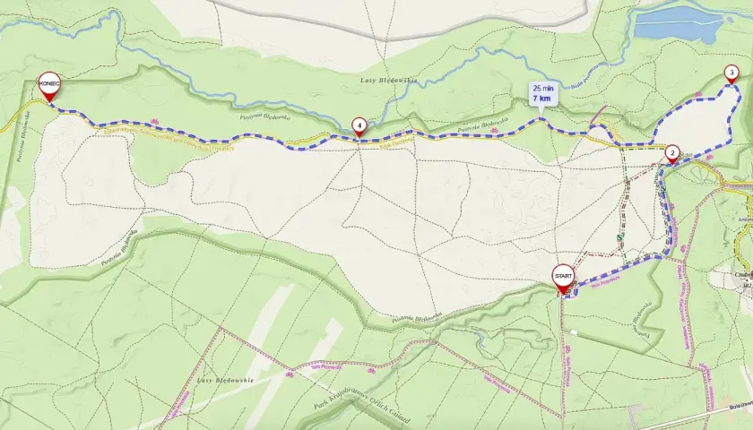 Trasa rowerowa przez Pustynię Błędowską. Mapa pokazuje szlak od START do KONIEC, z zaznaczonymi punktami 1, 2, 3, 4. Jak dojechać? Start znajduje się przy Velo Przemsza.