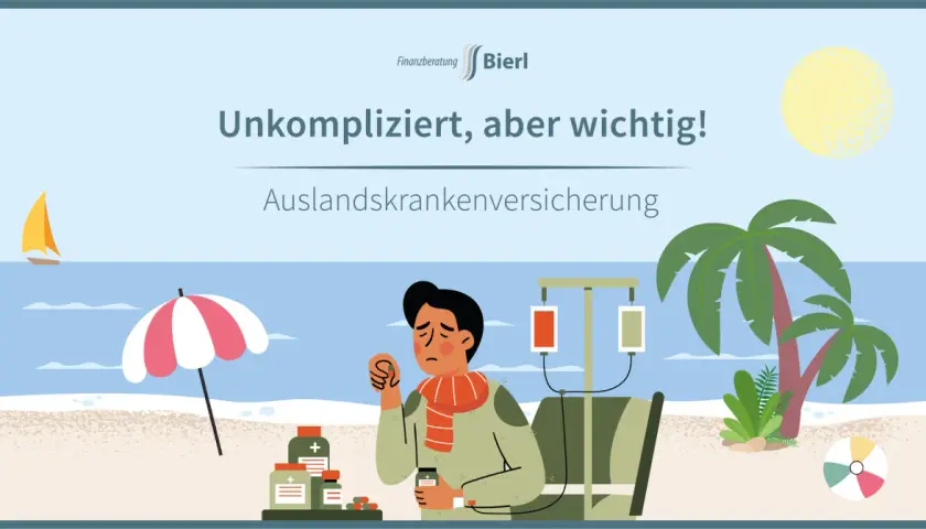 Ein Mann mit Schal und Infusion am Strand. Die Finanzberatung Bierl bietet unkomplizierte Auslandskrankenversicherung.