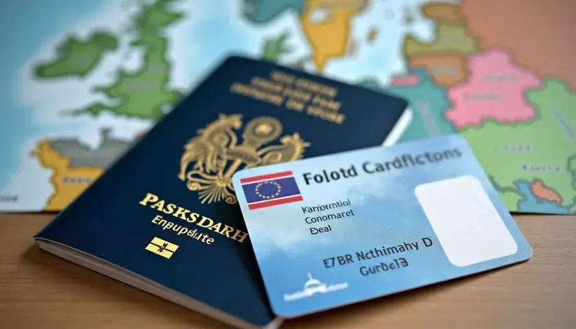 Paszport i karta identyfikacyjna leżą na mapie Europy. Czy do Danii potrzebny jest paszport? Zależy od Twojego obywatelstwa.