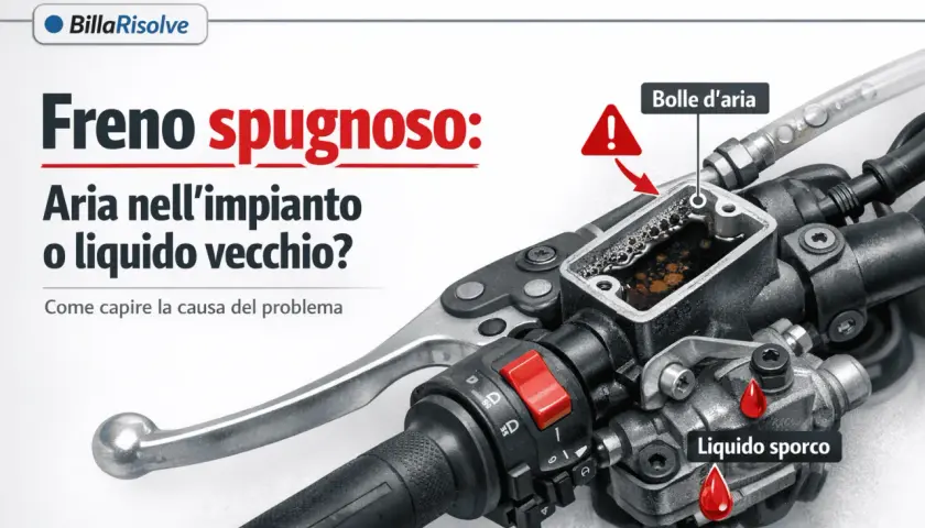 Manubrio moto con serbatoio freno aperto, mostra bolle d'aria e liquido sporco. Guida su come fare lo spurgo dei freni.