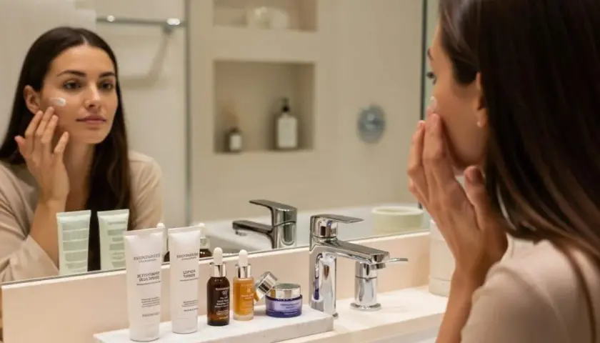 Une femme applique une crème sur son visage, devant un miroir reflétant sa routine soins visage avec plusieurs produits de beauté.