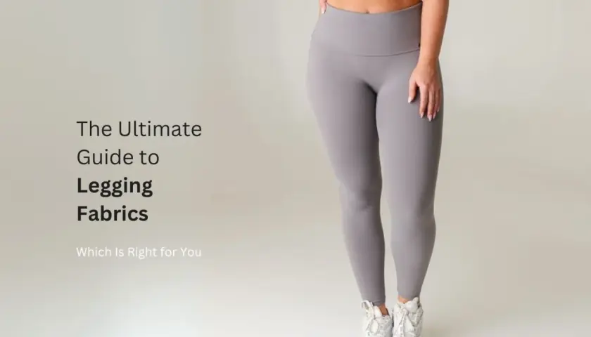 A woman models grey leggings, showcasing the ultimate guide to legging fabrics and what material are leggings made of for your perfect fit.