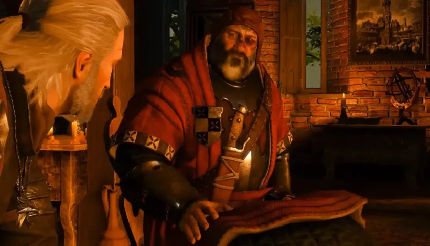 Geralt rozmawia z grubym mężczyzną w czerwonej szacie. To trudne wiedźmin 3 sprawy rodzinne.