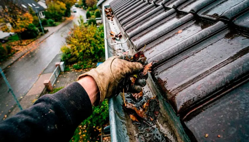 Mit Handschuhen Laub aus der verstopften Dachrinne entfernen. Ein guter Grund, einen Dachrinnenreiniger selber bauen zu wollen.