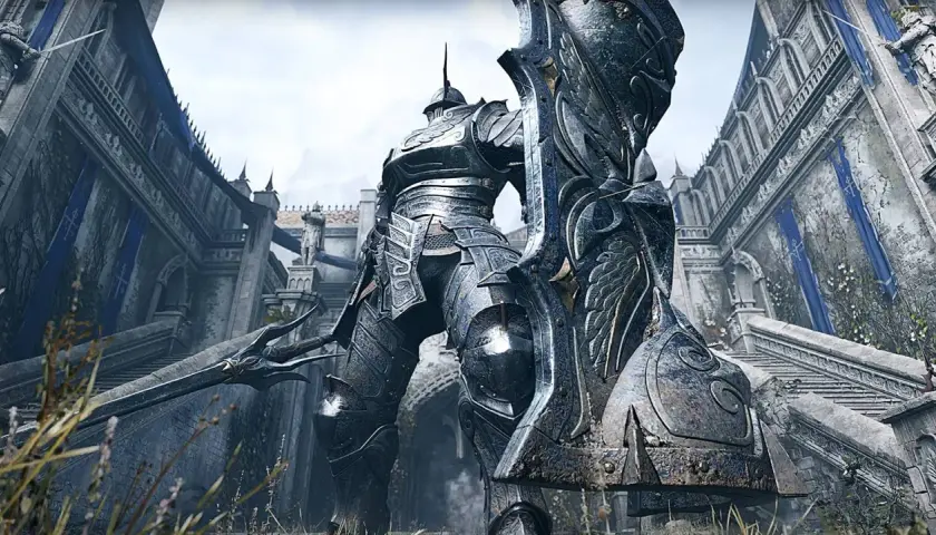 Rycerz w lśniącej zbroi, gotowy do walki w świecie Demon's Souls Remake PC. Potężna tarcza i miecz czekają na wyzwania.