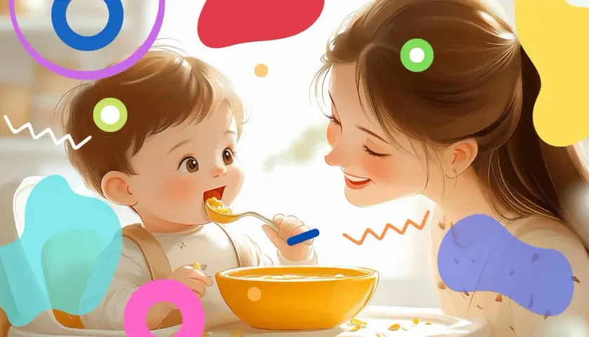 Mamma sorridente mentre dà la prima pappa svezzamento al suo bambino felice, con una ciotola gialla piena di cibo.