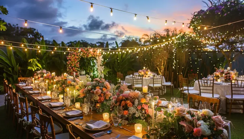 Magnifique table dressée pour un cocktail de mariage en extérieur, illuminée par des guirlandes lumineuses et des bougies.