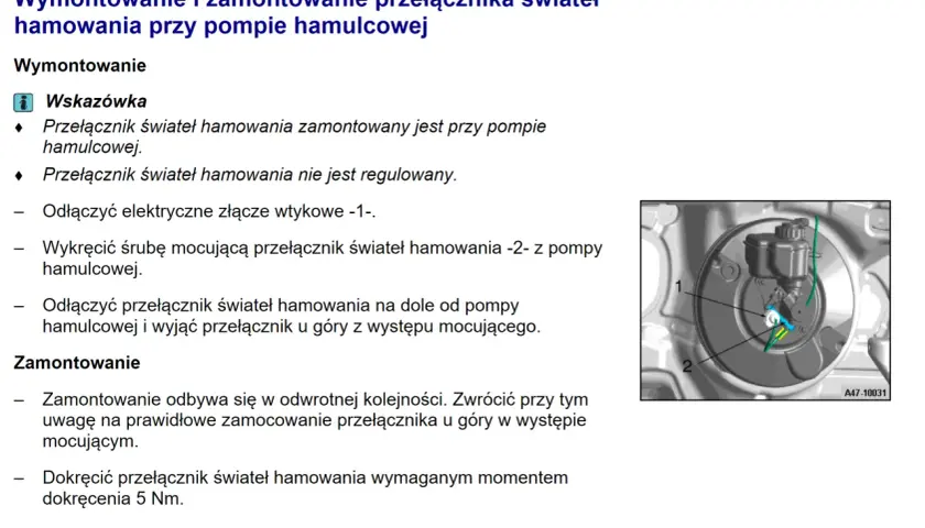 Przełącznik świateł hamowania Audi przy pompie hamulcowej, z numerami 1 i 2.
