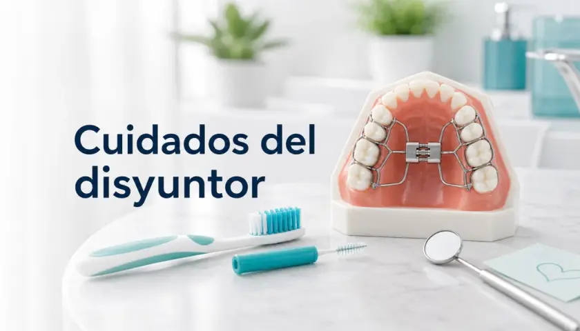 Modelo dental con aparato de ortodoncia, cepillo y limpiador interdental. Cuidados del disyuntor superior.