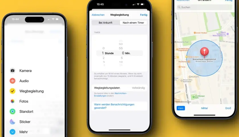 Drei iPhones zeigen die Funktion "Wegbegleitung". Ein iPhone zeigt die Einstellungen für die Wegbegleitung, ein anderes die Karte mit einem Standort und ein drittes die Optionen für die Benachrichtigungen.