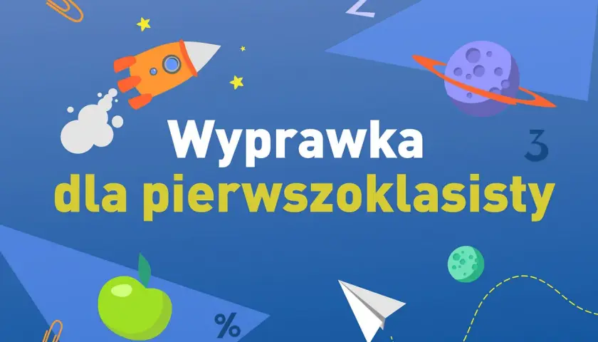 Wyprawka dla pierwszoklasisty: rakieta, jabłko, samolot i kosmiczne motywy.