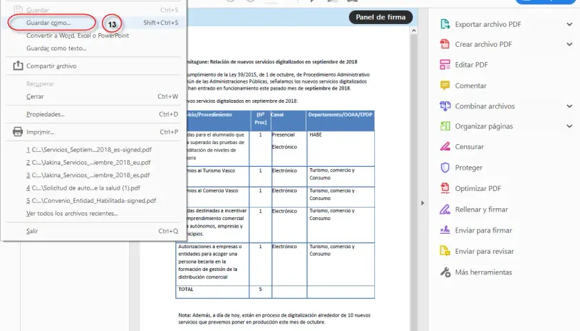 Menú "Archivo" abierto, mostrando la opción "Guardar como..." para la firma electrónica de documentos.