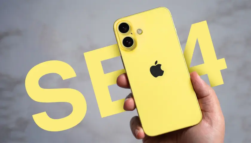 Żółty iPhone SE 4 w dłoni, obok wielkich liter "SE" i cyfry "4".