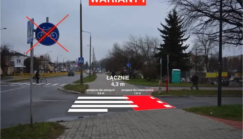 Pasy na ścieżce rowerowej i przejściu dla pieszych. Wariant I pokazuje połączone przejście dla pieszych (2,5 m) i przejazd dla rowerzystów (1,8 m).