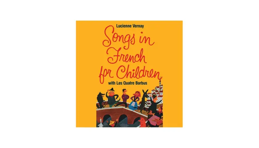 Ilustracja z okładki płyty "Songs in French for Children" z tańczącymi postaciami i miasteczkiem.