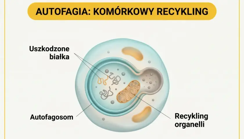 Autofagia: komórkowy recykling. Ilustracja pokazuje, jak autofagosom otacza uszkodzone białka i organelle, przygotowując je do recyklingu w komórce.