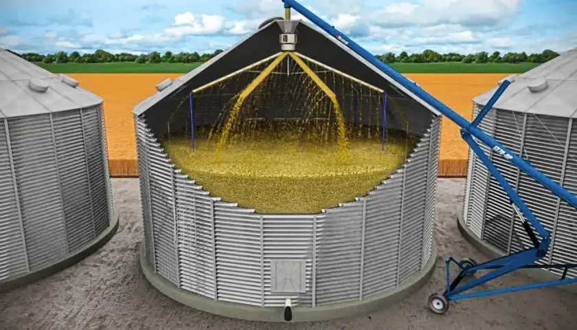 Ein **Silo** ist ein großer Speicher für Getreide. Hier wird Korn per Förderband in das offene Silo geschüttet.