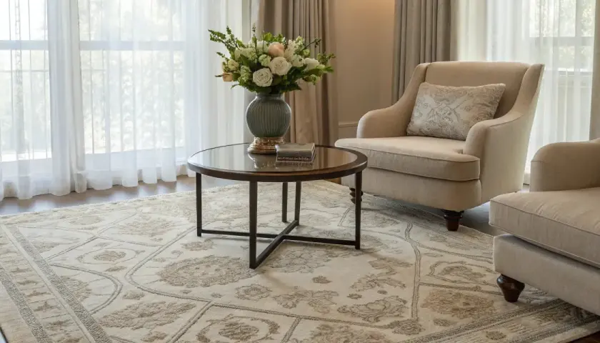 A light-colored rug with a detailed pattern, showcasing the best material for rugs, anchors a cozy living room with two armchairs and a coffee table.