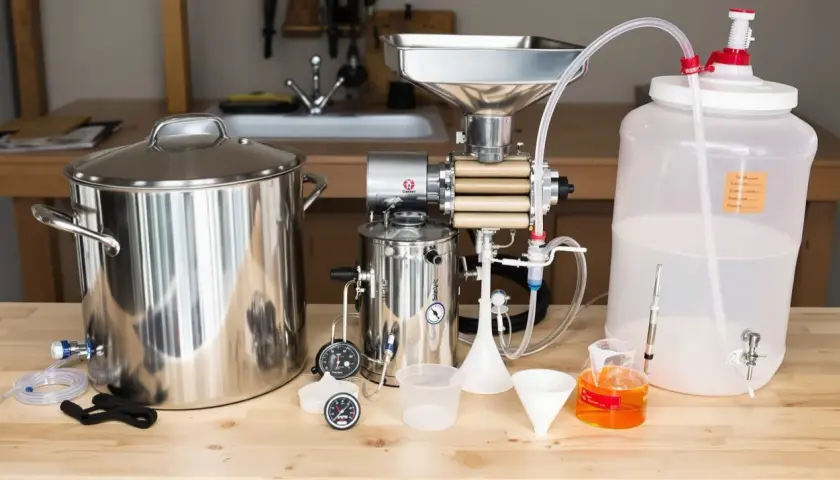 Ensemble pour brassage de bière sans malt : cuve, moulin, fermenteur et accessoires.