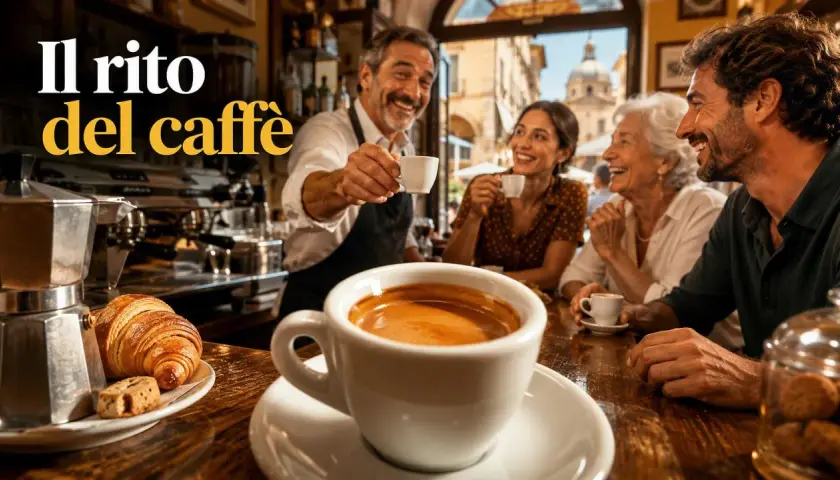 Un barista serve un espresso a un gruppo di amici in un bar. Il rito del caffè italiano, con croissant e biscotti, unisce le persone.