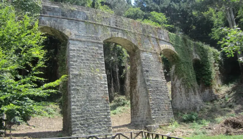 Antiguo acueducto de piedra cubierto de vegetación, con arcos y pilares robustos. Un camino verde pasa bajo su sombra.