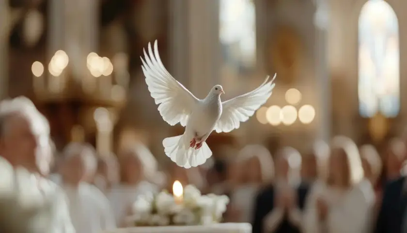 Biały gołąb symbolizujący Ducha Świętego unosi się nad zgromadzonymi w kościele. Czy na bierzmowanie dostaje się prezenty?
