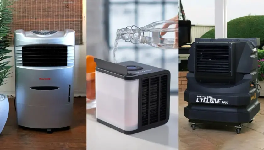 Tres enfriadoras de agua de diferentes tamaños: Honeywell, Evapolar y Port-A-Cool Cyclone 3000.