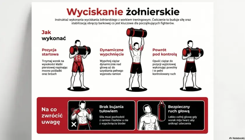 Instrukcja wyciskania żołnierskiego z workiem treningowym. Ćwiczenie buduje siłę i stabilizację obręczy barkowej, kluczowe dla fighterów, uwzględniając kategorie wagowe boks.