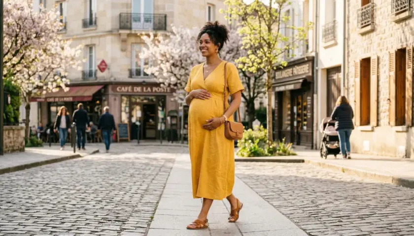 Une femme enceinte, rayonnante dans sa robe jaune, profite d'une promenade ensoleillée. S'habiller enceinte peut être élégant et confortable.
