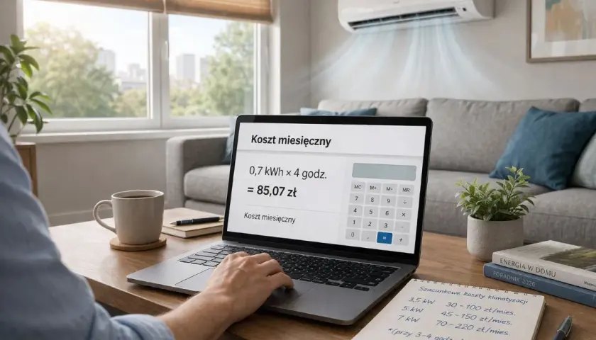 Klimatyzacja 5 kW zużywa 0,7 kWh na godzinę. Kalkulator na laptopie pokazuje miesięczny koszt 85,07 zł.