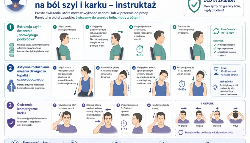Instruktaż ćwiczeń na szyję i kark: ćwiczenia na szyję poprawiają postawę, redukują napięcie i zapobiegają bólowi.