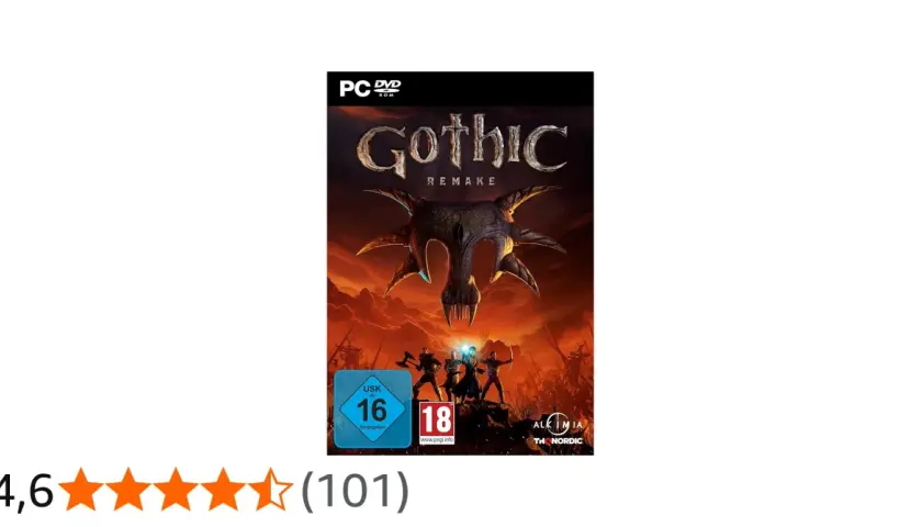 Cover des Spiels "Gothic 1 Remake" mit einer düsteren Fantasy-Szene und Helden im Kampf gegen eine monströse Kreatur.