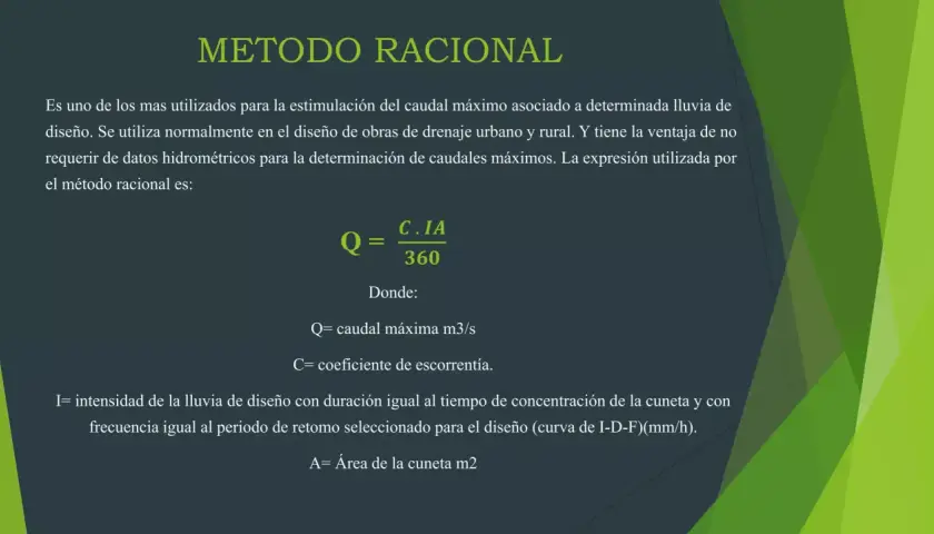 Fórmula del método racional para calcular el caudal máximo en sistemas de drenaje.