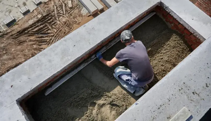 Budowlaniec wyrównuje podsypkę pod fundament. Solidny fundament to podstawa każdej budowy.