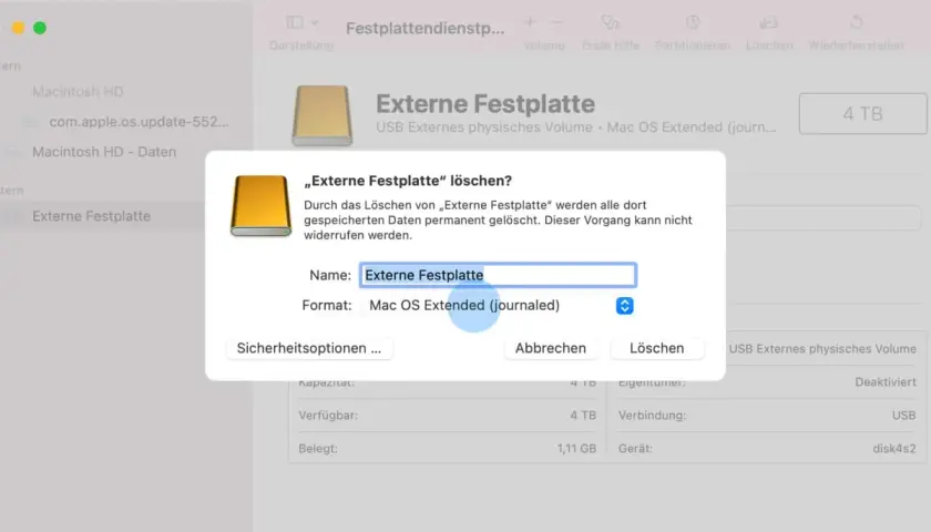 Dialog zum Löschen einer externen Festplatte auf dem Mac. Hier wird die externe Festplatte formatiert.