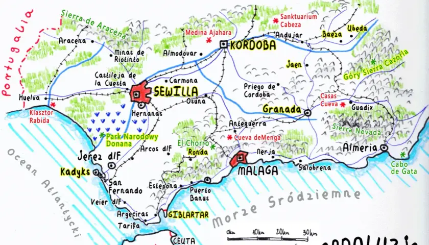 Mapa Andaluzji, gdzie leży Malaga, pokazuje miasta takie jak Sewilla, Kordoba, Grenada i Almeria, a także wybrzeże Morza Śródziemnego.