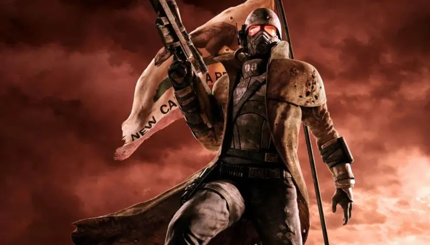 Żołnierz w masce i płaszczu z flagą New California Republic. Szukasz fallout new vegas kody?