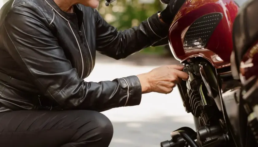 Kobieta w skórzanej kurtce sprawdza regulator napięcia alternatora w motocyklu.
