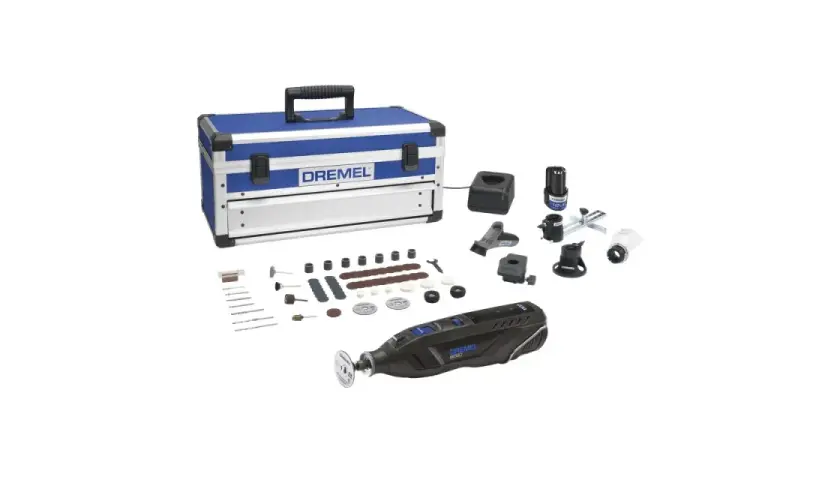 Zestaw Dremel 8260 z walizką, narzędziem wielofunkcyjnym, ładowarką i licznymi akcesoriami do precyzyjnych prac.